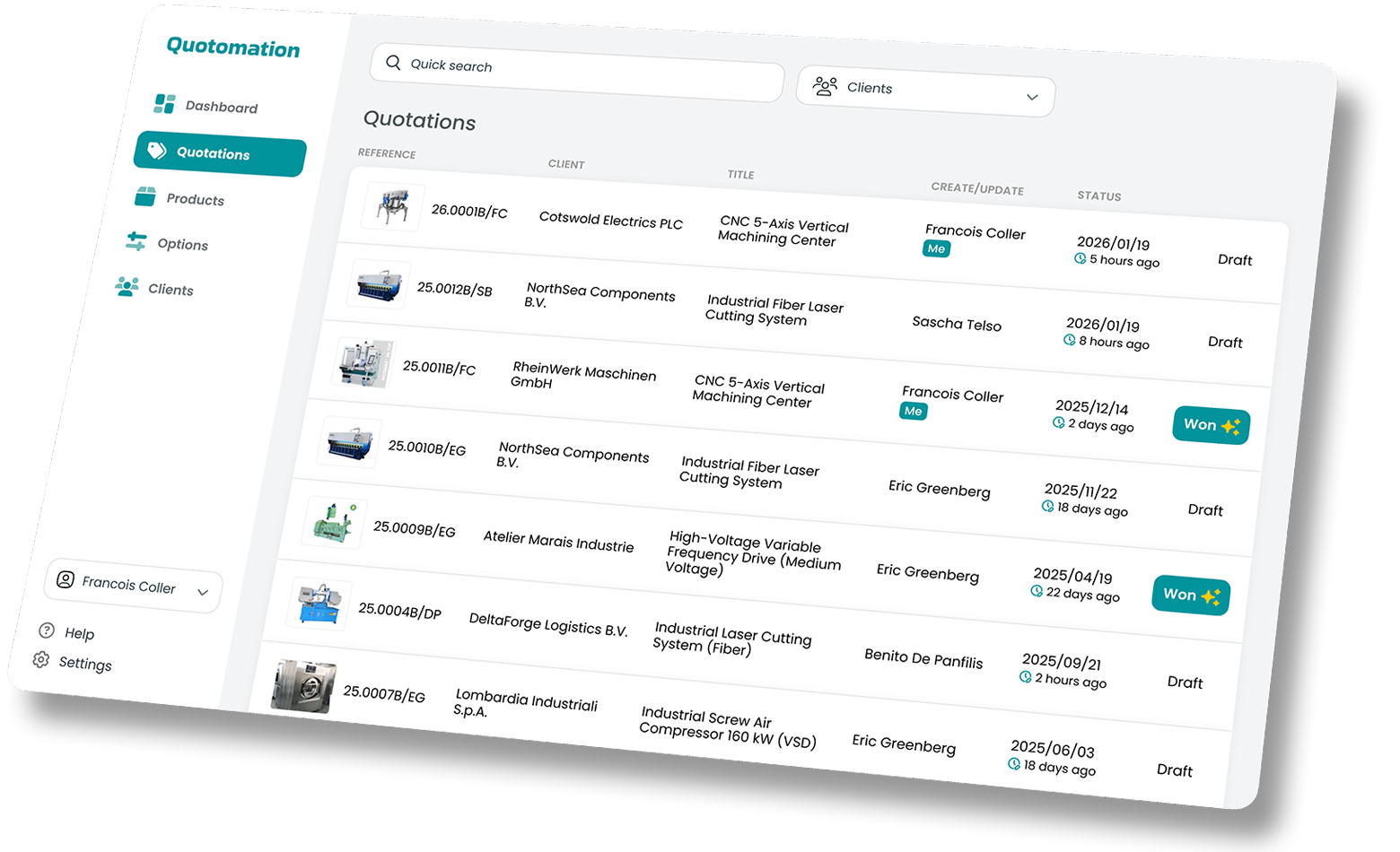 Screenshot of the Quotomation quotation dashboard